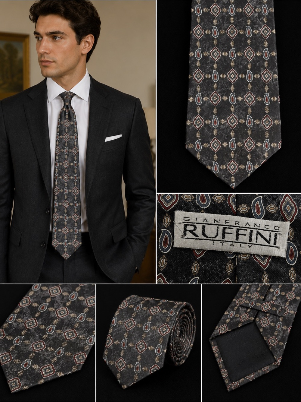 Elegant Red and Gray Geometric Silk Tie